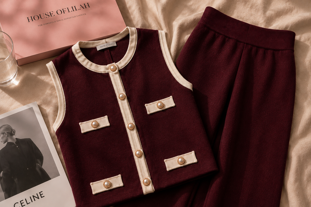 Lilah Original Pearl Trouser set - Burgundy